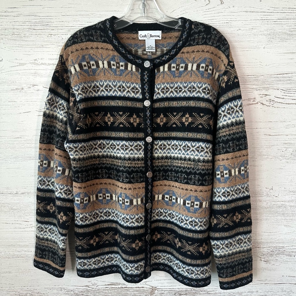 VINTAGE 90s Y2K 100% Wool Button Front Southwest Fair Isle Cardigan Sweater M